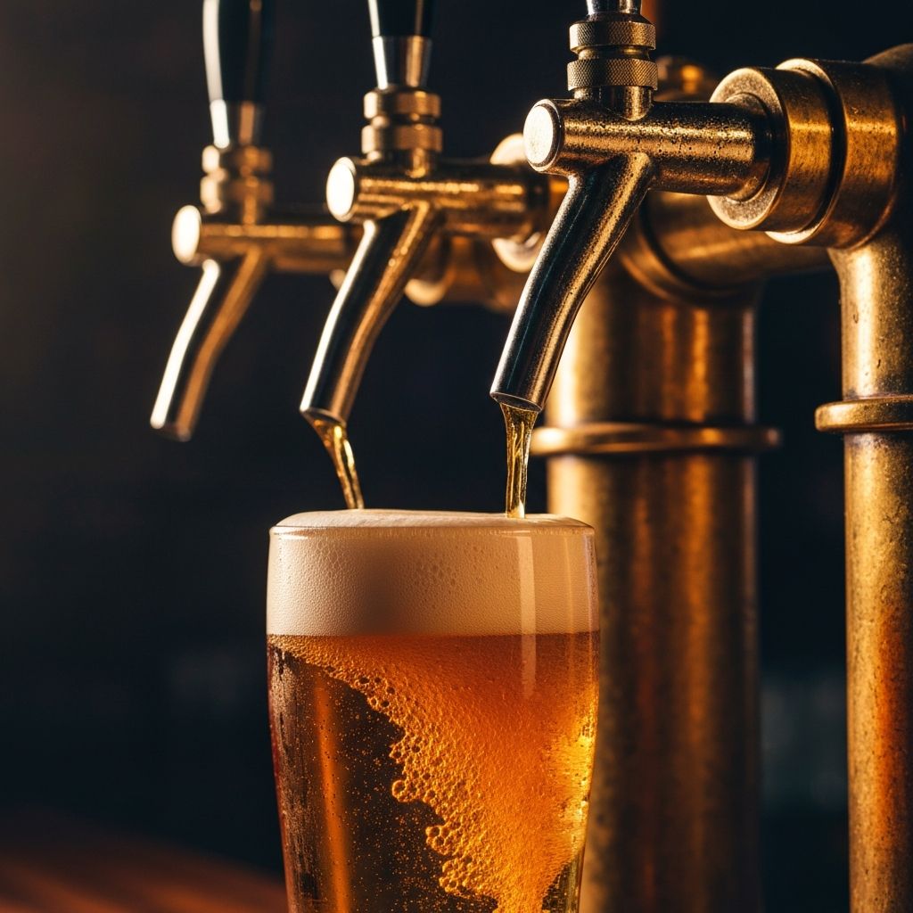 金黃啤酒從酒頭緩緩注入杯中